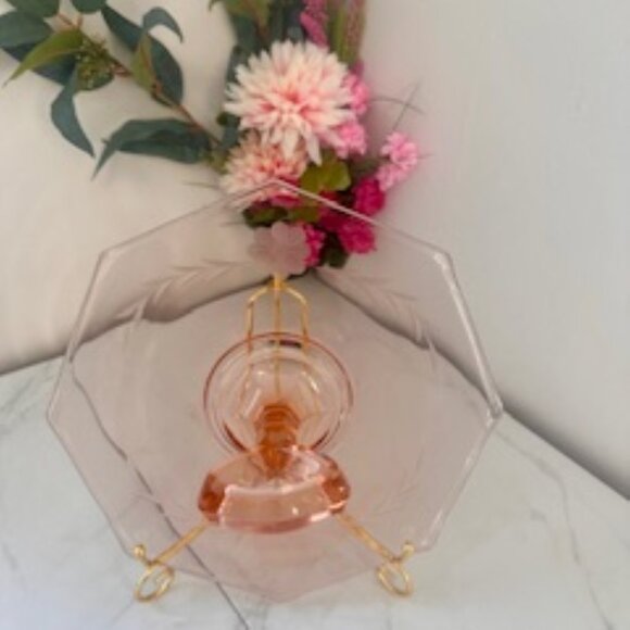 Vintage Pink‎ Depression Glass Octagonal Platter with Etched Cornflower Design - Picture 3 of 6